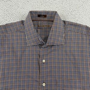 Peter Millar Button Down Shirt Men LT Brown Blue Check Long Sleeve Cotton Casual